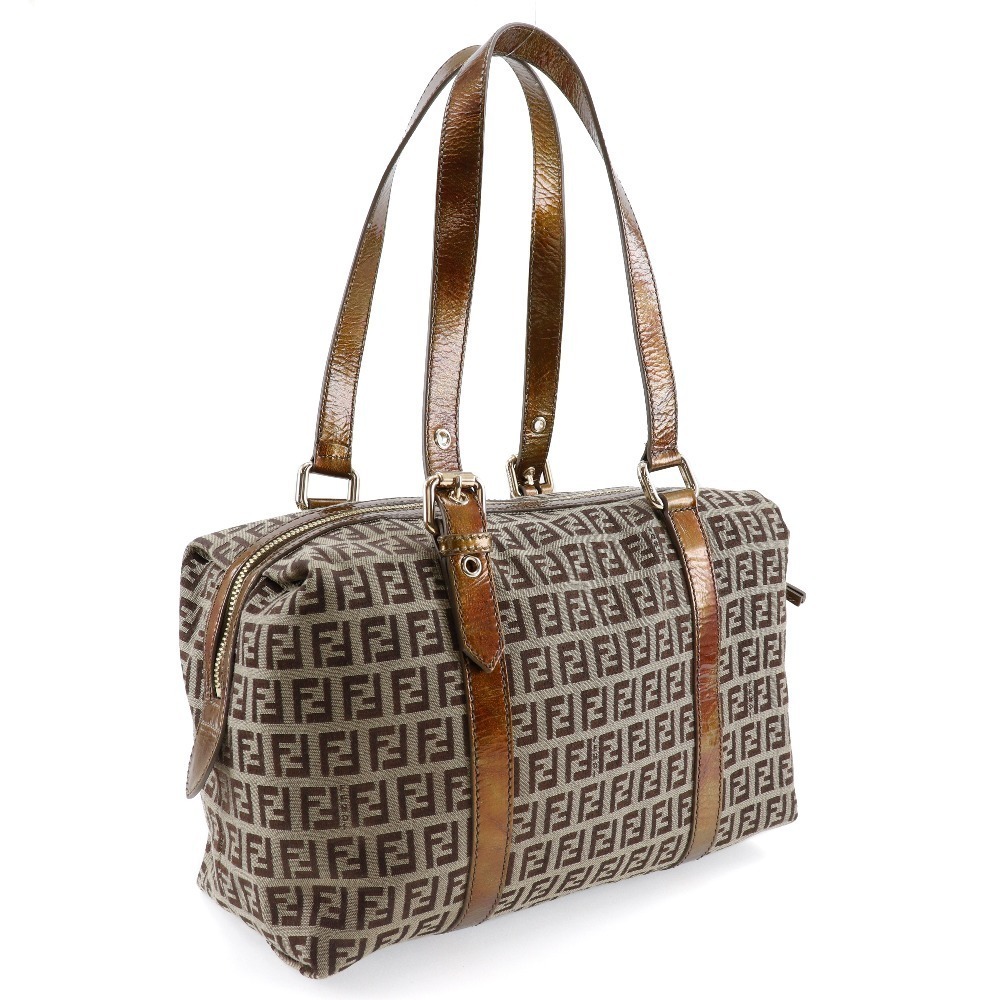 Fendi Zucca Boston Shoulder Bag Nylon Canvas Bron White Double Zipper - Picture 3 of 8